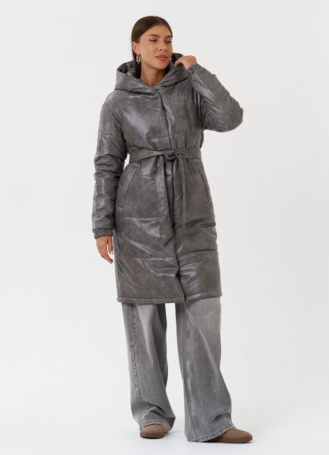 Пуховик из эко кожи с капюшоном модель № 28515 в рассрочку