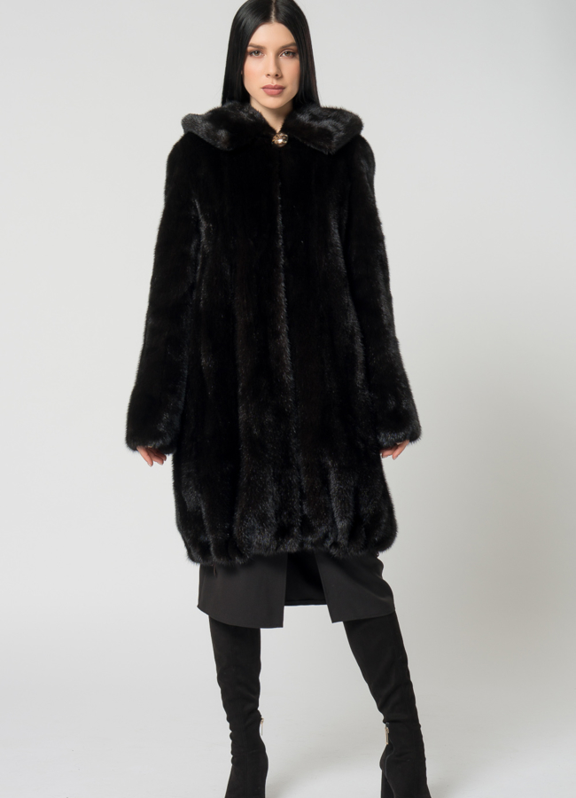 фото Норковая шуба с капюшоном модель № 25929