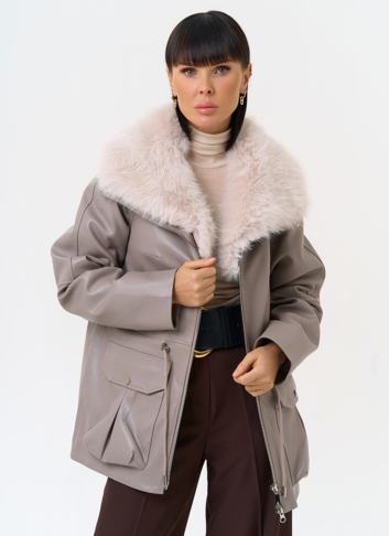 Удлиненная куртка из эко кожи с воротником из эко меха