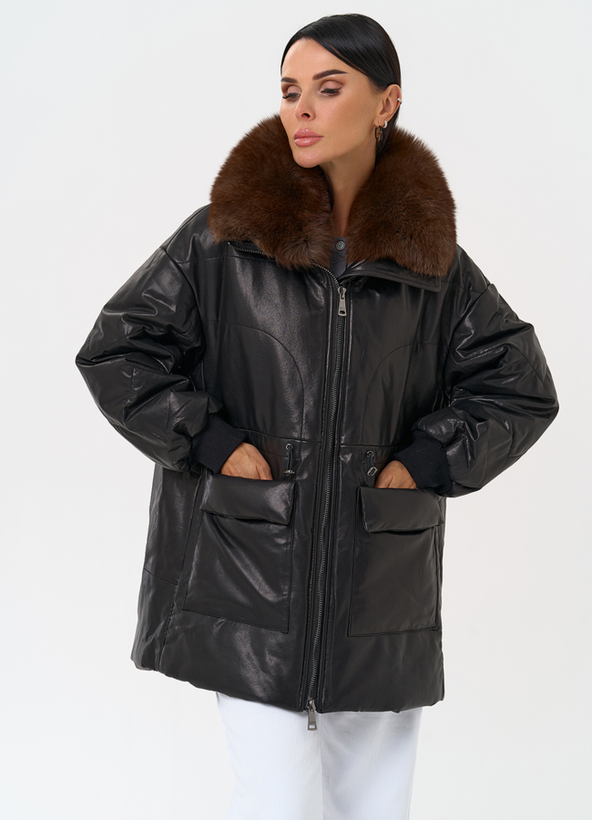 Полупальто из натуральной кожи с мехом песца модель № 76614 универмаг малина