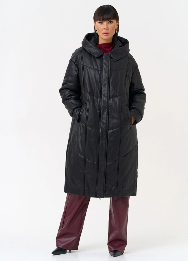 Женский пуховик из эко кожи со съемным эко мехом модель № 30718 в кредит