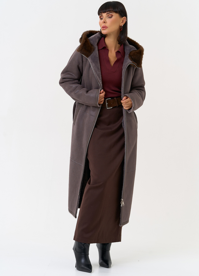 Женская дубленка из эко замши с поясом модель № 31515 универмаг малина