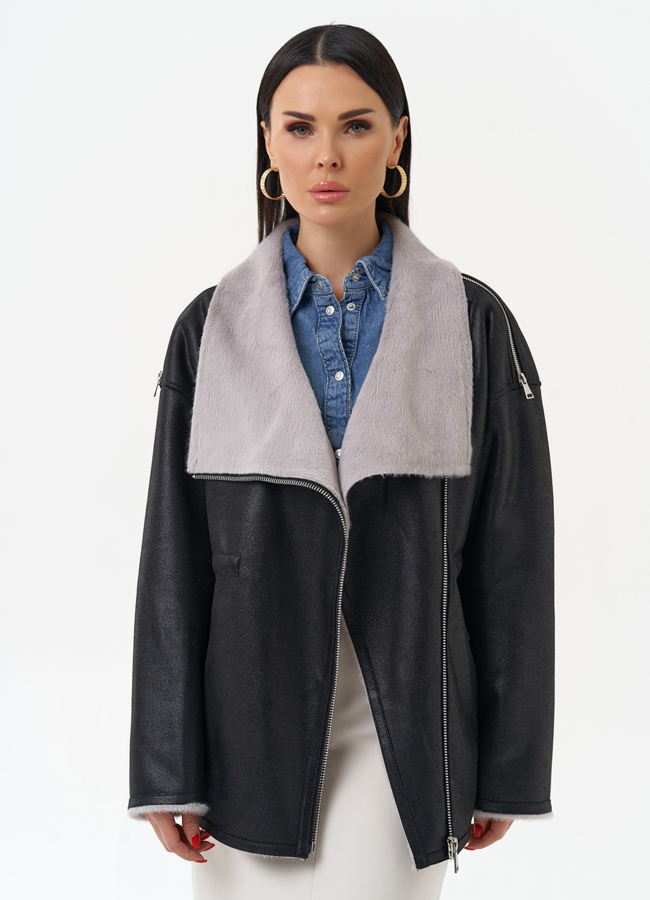 Женская дубленка из эко замши  модель № 29982 меха малина