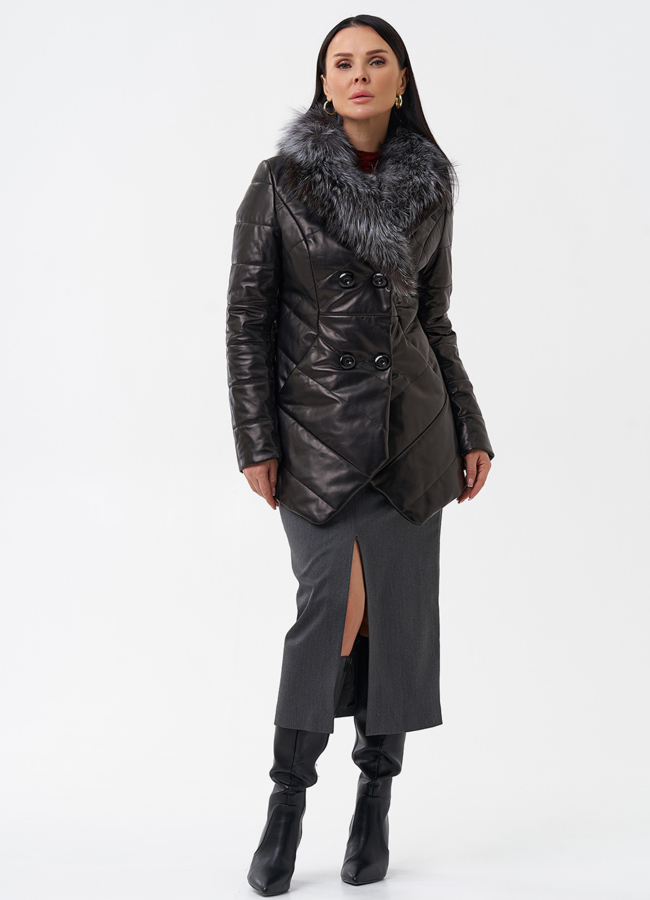 фото Кожаный пуховик с мехом из чернобурки модель № 29406