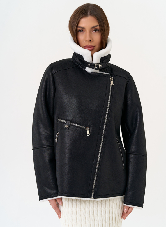 Женская дубленка из эко замши черного цвета