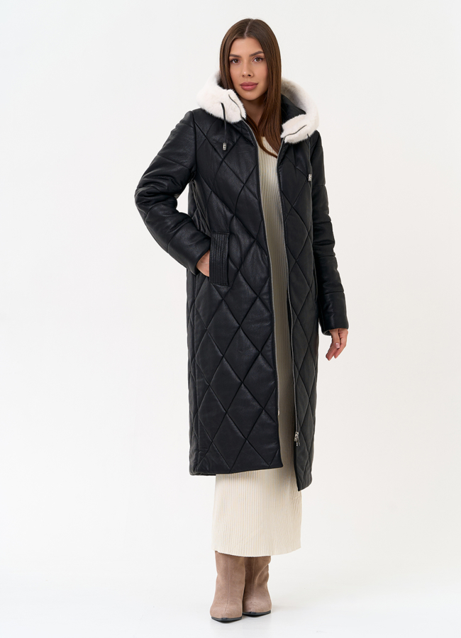 Женское пальто из эко кожи с капюшоном модель № 30721 универмаг малина