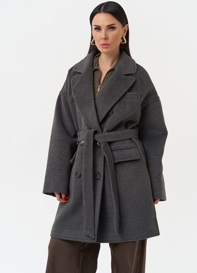 фото Женское укороченное пальто с поясом модель № 30196