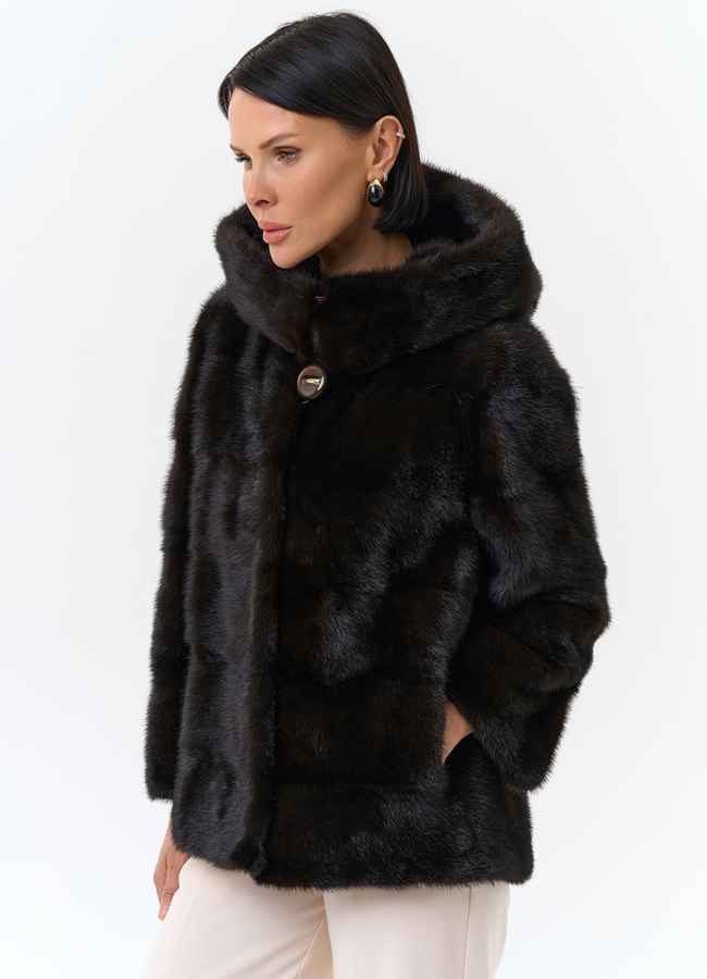 Норковая шуба с капюшоном модель № 24726 универмаг малина
