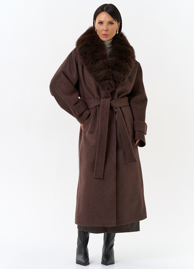 Женское утепленное пальто с отделкой из меха песца модель № 32005 меха малина