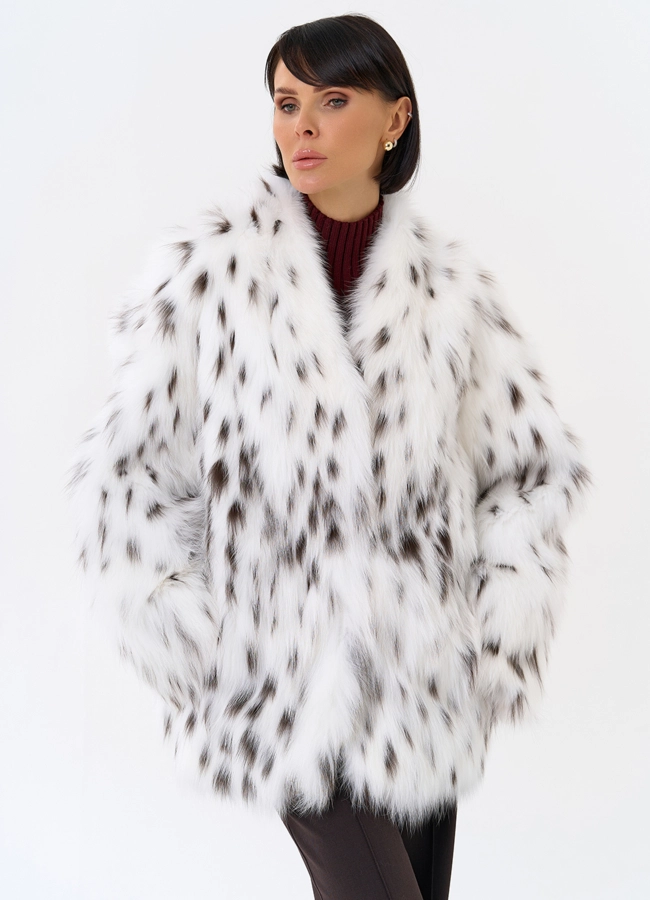 Шуба из лисы с инкрустацией под рысь модель № 31855 универмаг малина