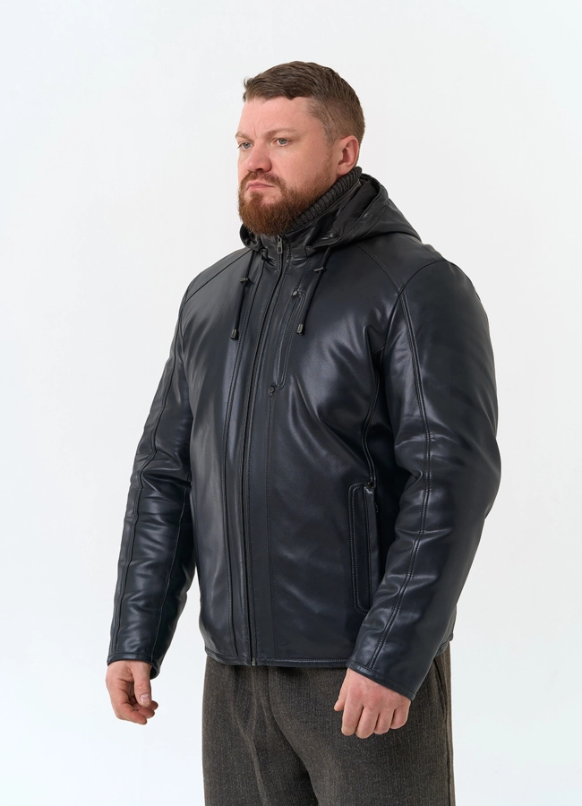 Мужская куртка из эко кожи с капюшоном  модель № 24463 универмаг малина фото