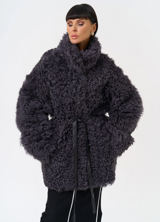 Женская двухсторонняя дубленка с декоративным поясом модель № 31617 в рассрочку