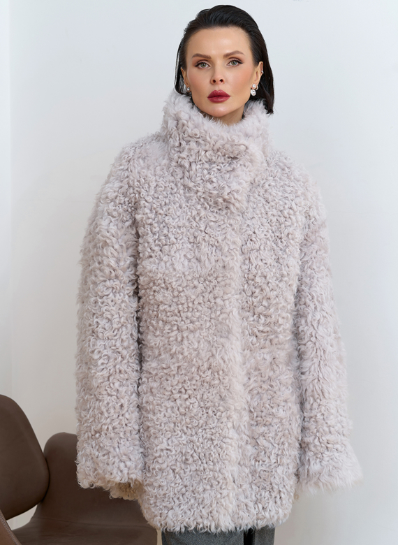 Женская двухсторонняя дубленка с воротником стойкой