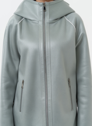 Женская дубленка из эко замши с капюшоном