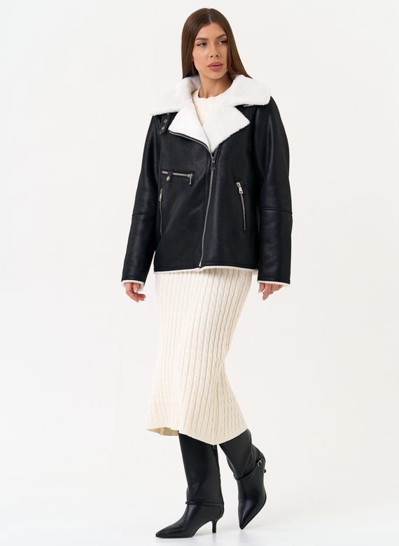 Женская дубленка из эко замши черного цвета