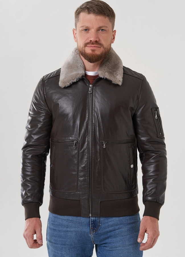 Мужская куртка из натуральной кожи  модель № 81840 меха малина
