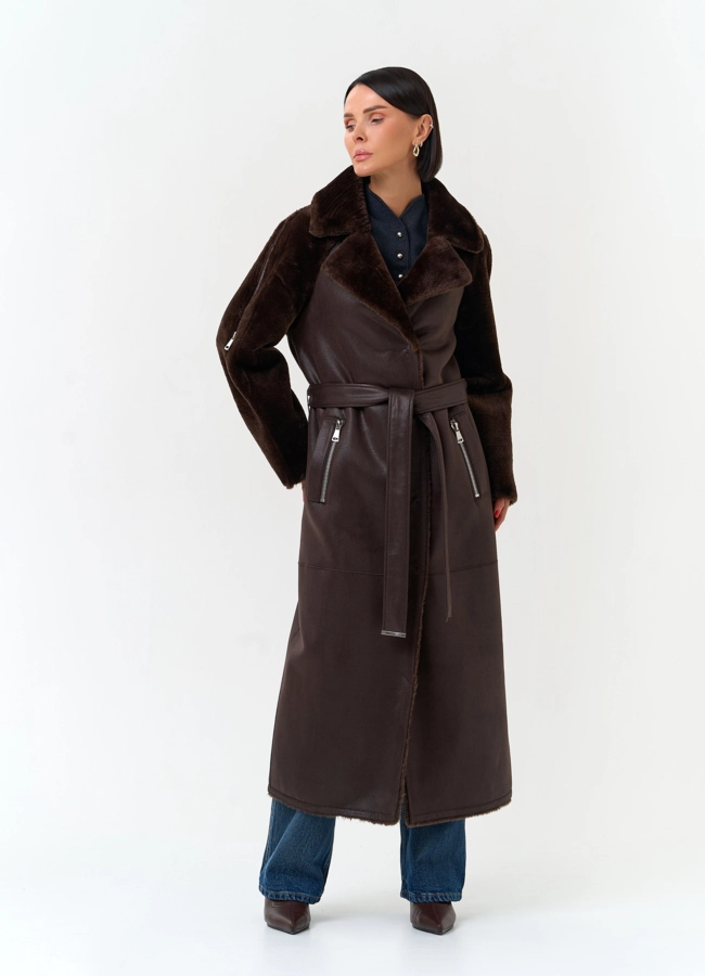 Женская дубленка из эко замши модель № 33914 универмаг малина