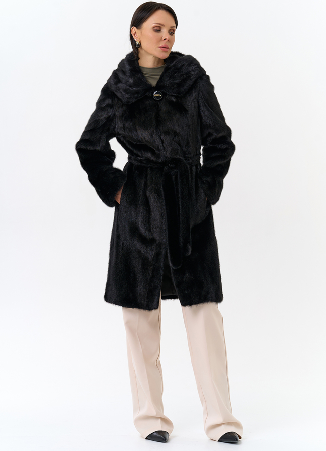 Норковая шуба с капюшоном и поясом черного цвета модель № 29529 универмаг малина