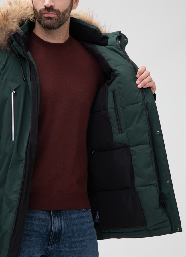 Мужской пуховик с капюшоном из меха енота модель № 28402 универмаг малина