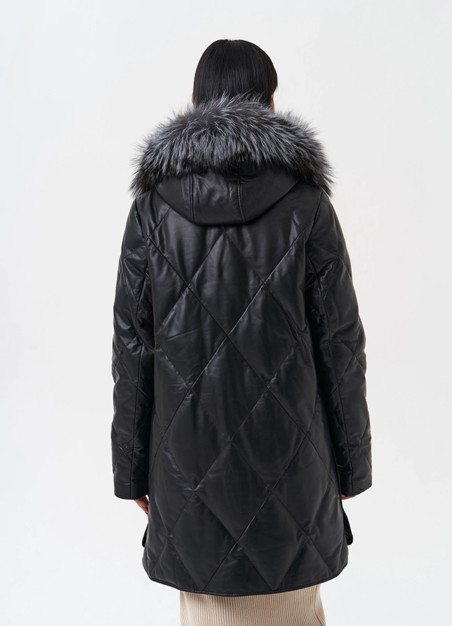 Женский кожаный пуховик с капюшоном модель № 28908 в рассрочку