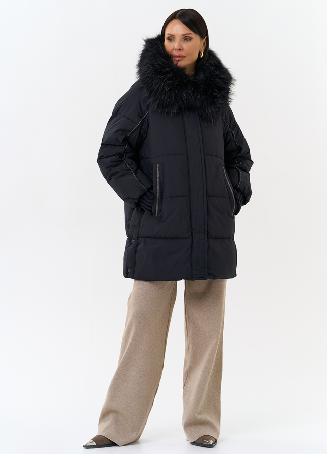 Женский пуховик с капюшоном из меха енота модель № 31972 универмаг малина