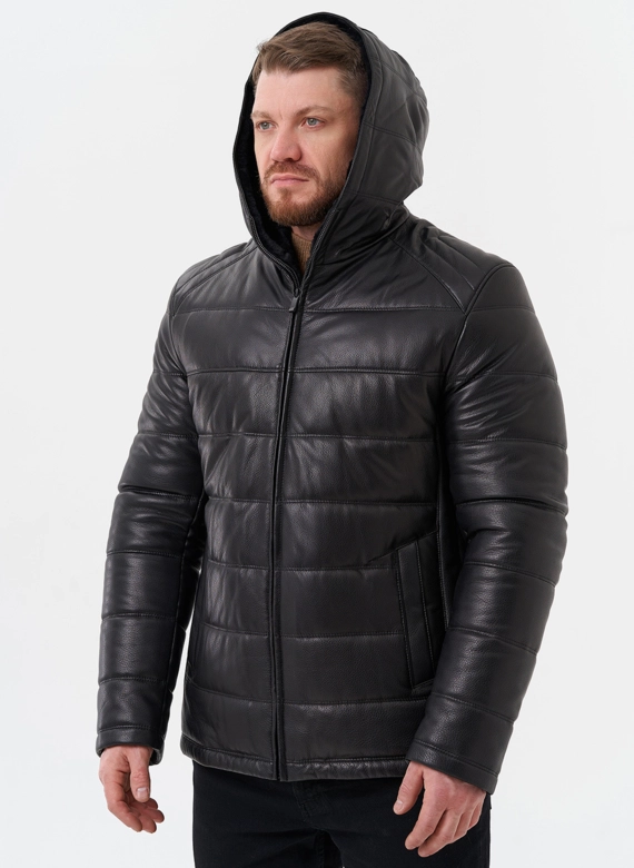 Пуховик из натуральной кожи с отделкой из мутона